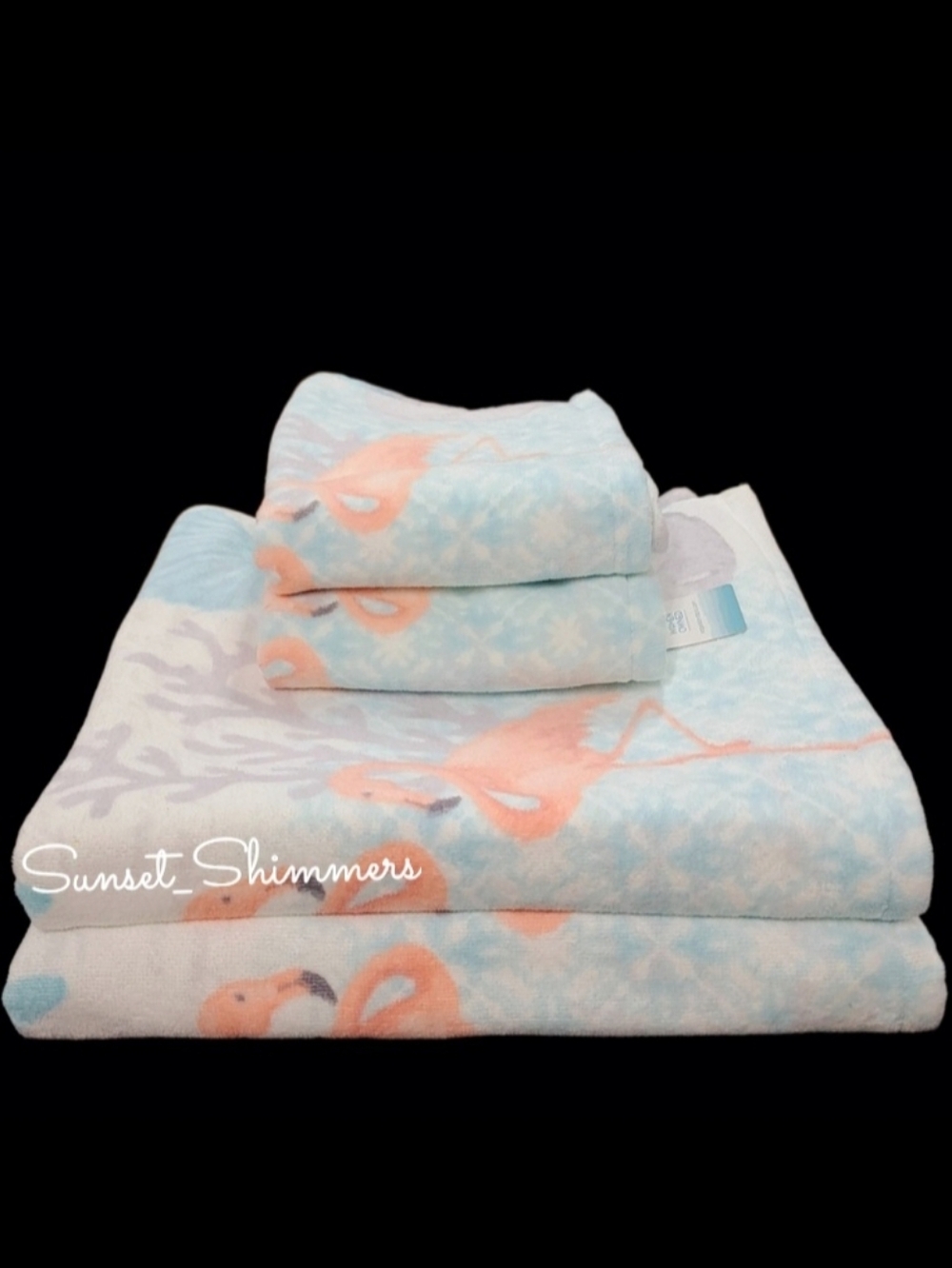 4pc Coastal Pink Flamingo Seashell Velour Bath & Hand Towel Set Sage Island Spa